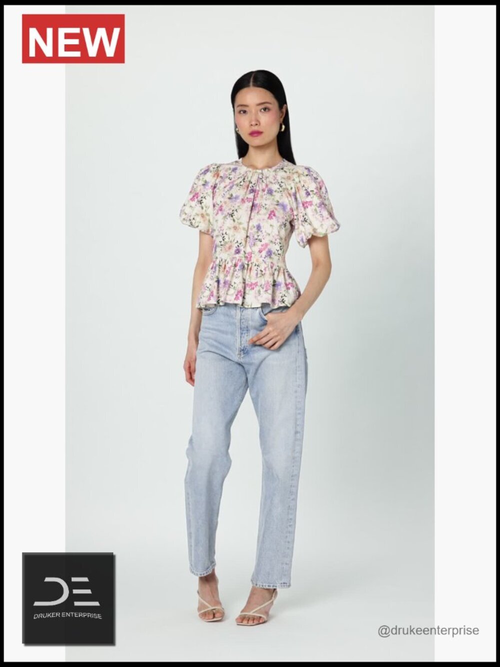 Floral Puff Sleeve Crew Neck Peplum Top Blouse - Picture 6 of 6